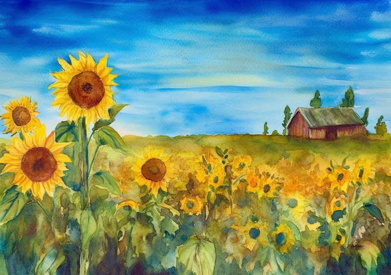 农舍夏日盛开黄色向日葵花田蓝色天空特写水彩插画,插画/手绘图,插画/手绘图库,插画/手绘图下载,插画/手绘